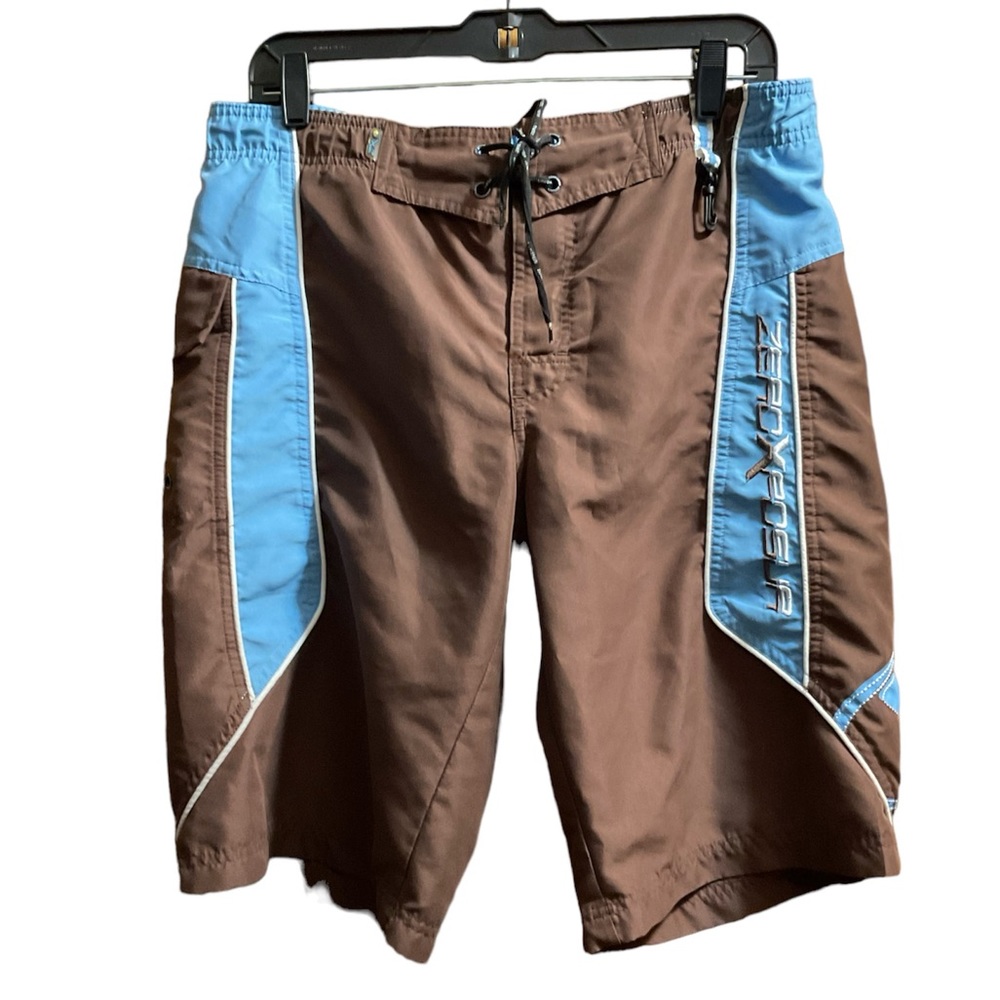 Boy’s ZeroXposur Brown & Blue Swim Trunks with Tie and Velcro Closure. Pockets